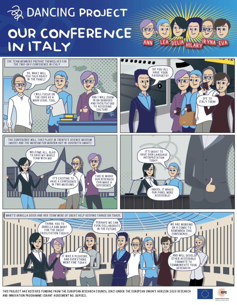 Cartoon showing the 6 members of the project team talking about the conference in Italy 2022. Please see separate link for full audio description.