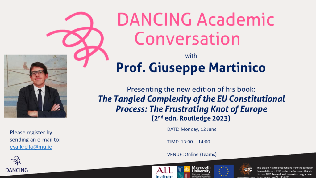 Event flyer 'DANCING Academic Conversation with Prof. Giuseppe Martinico'.