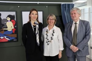 Principal Investigator of DANCING, Prof. Delia Ferri, Maynooth President Prof. Eeva Leinonen, and Honourable Justice John MacMenamin standing in front of the artwork after unveiling.