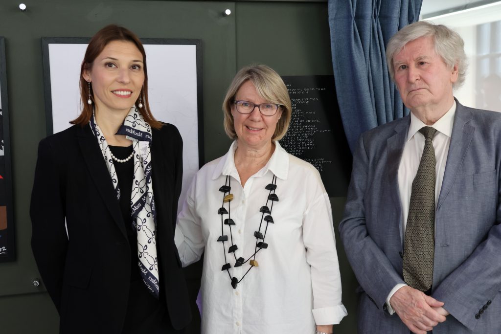 Principal Investigator of DANCING, Prof. Delia Ferri, Maynooth President Prof. Eeva Leinonen, and Honourable Justice John MacMenamin standing in front of the artwork after unveiling.