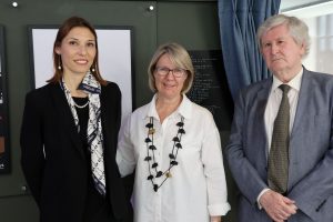 Principal Investigator of DANCING, Prof. Delia Ferri, Maynooth President Prof. Eeva Leinonen, and Honourable Justice John MacMenamin standing in front of the artwork after unveiling.